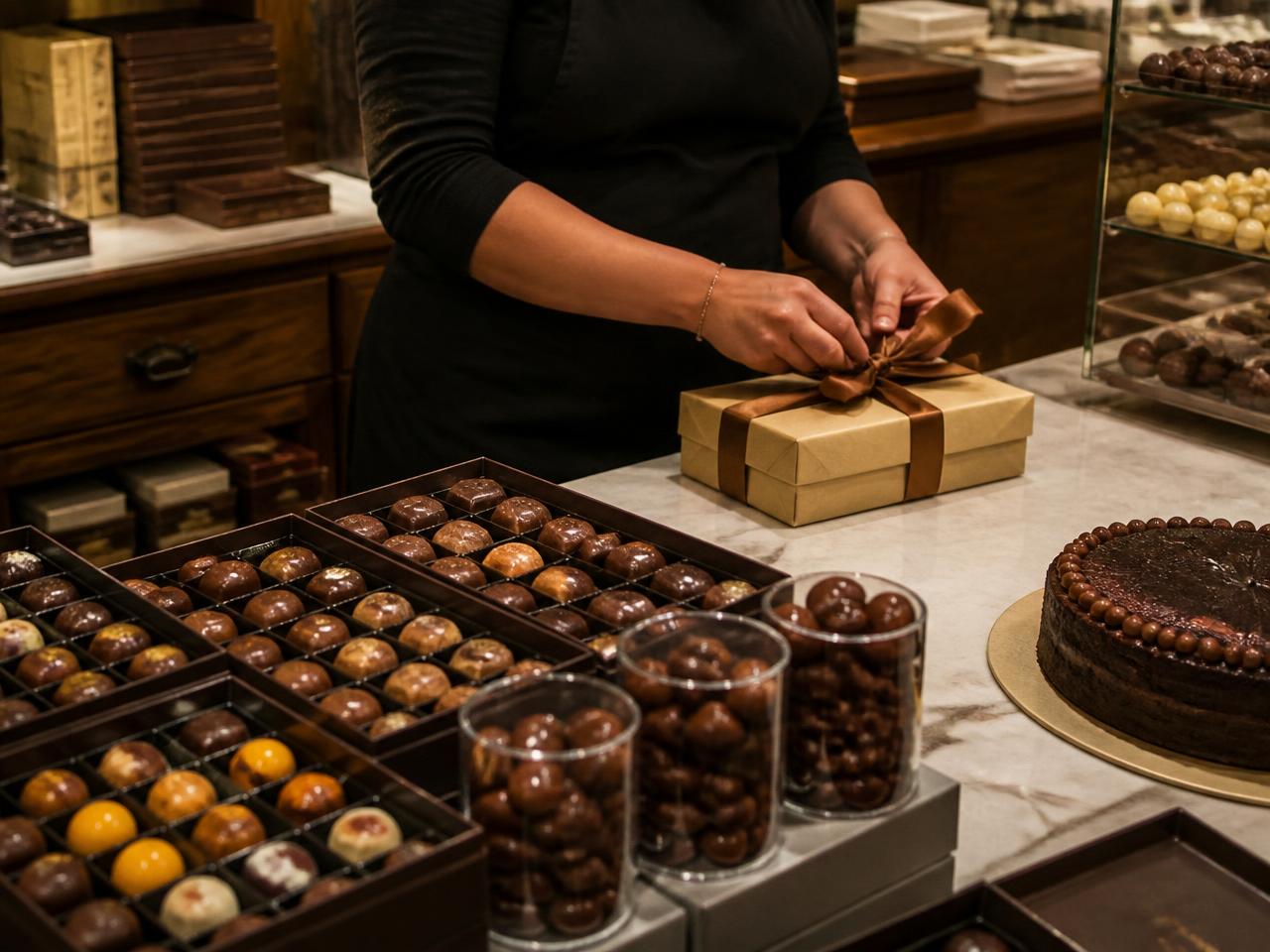 Balcão de confeitaria com caixas de presente e doces artesanais
